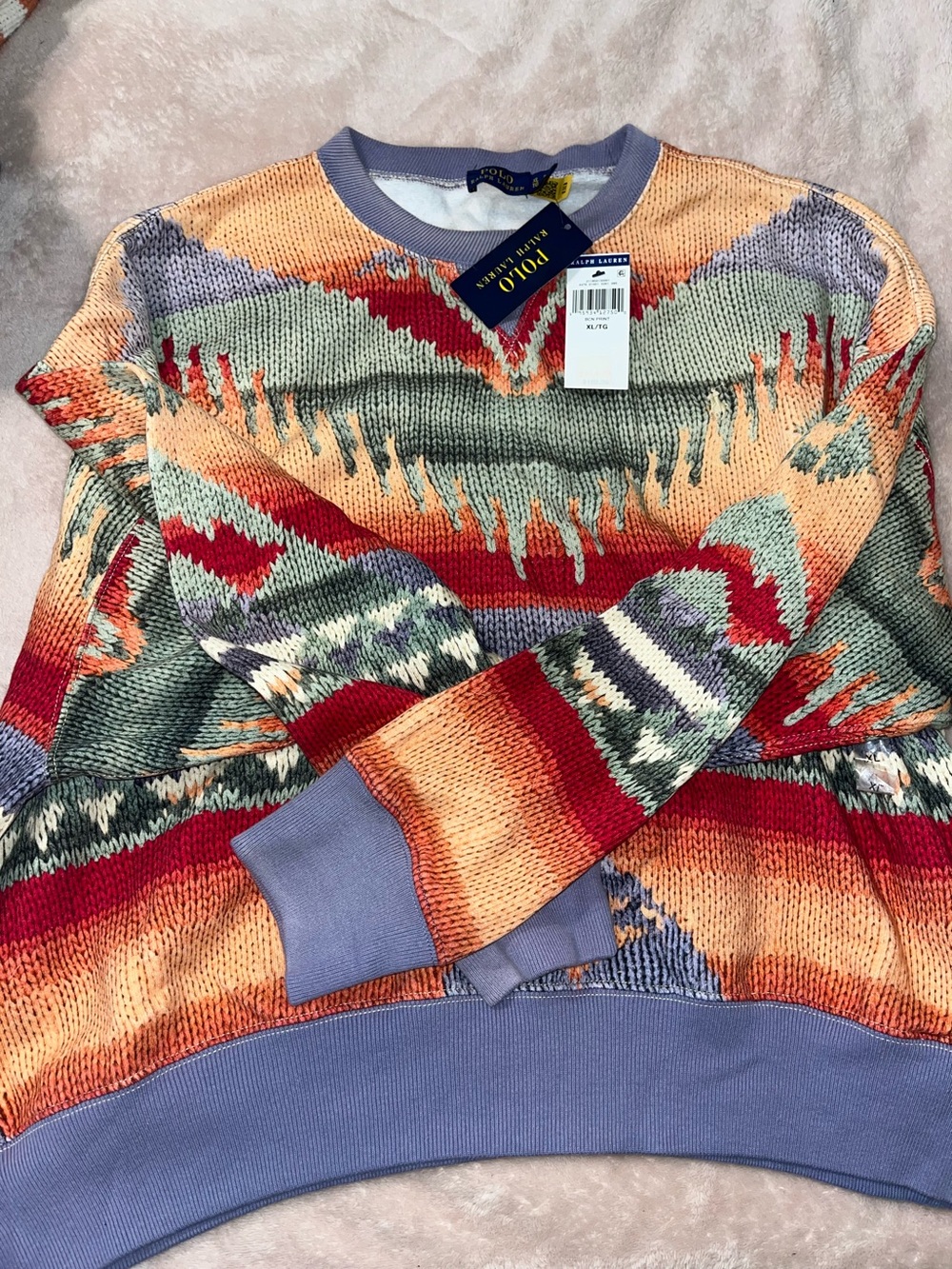 Ralph Lauren Multicolor Patterned Crewneck Sweater with Lavender Trim